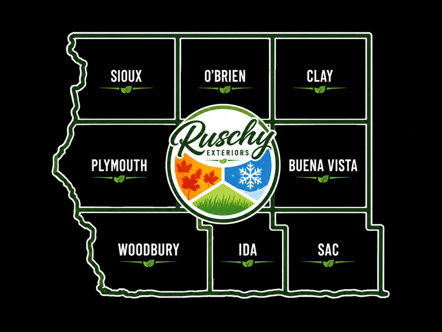 Ruschy Exteriors service area across Sioux, O'Brien, Clay, Plymouth, Buena Vista, Woodbury, Ida, and Sac counties